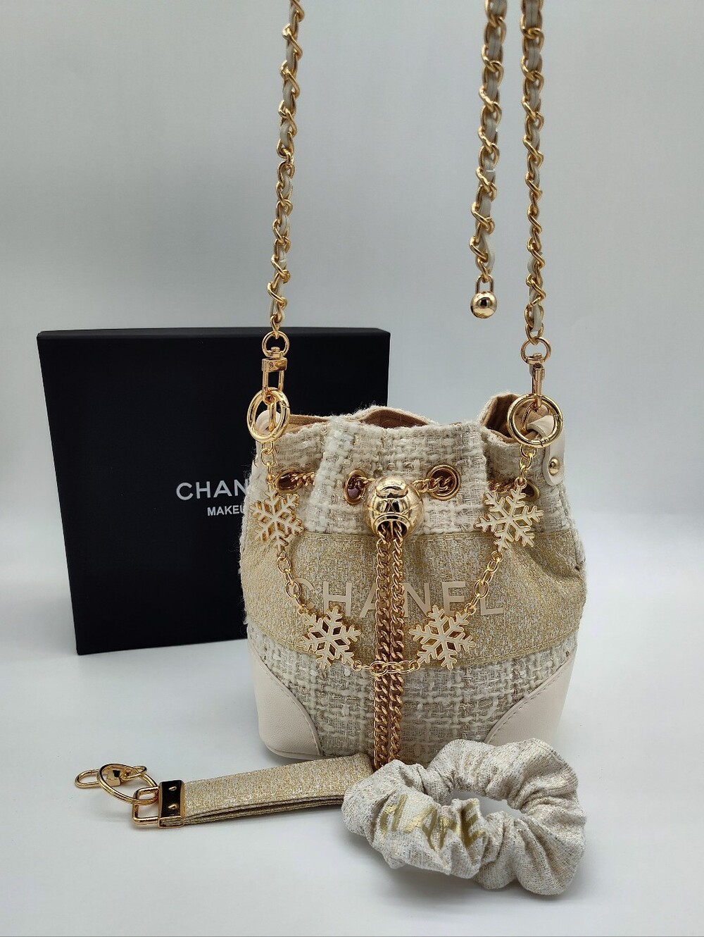 CHANEL Makeup Cream Winter White Gold Tweed Bucket Bag Chain Strap Holiday Set